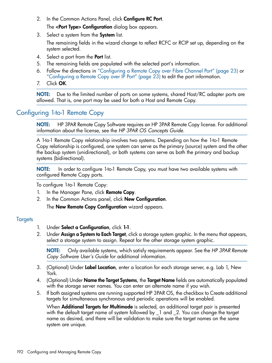 Configuring 1-to-1 remote copy, Targets | HP 3PAR Operating System Software User Manual | Page 192 / 426