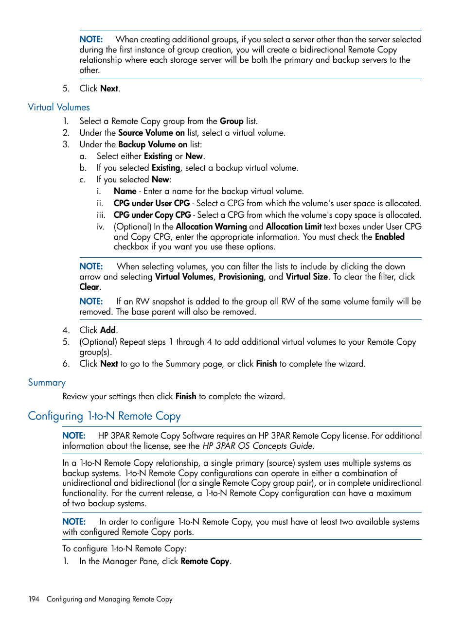 Virtual volumes, Summary, Configuring 1-to-n remote copy | Virtual volumes summary | HP 3PAR Operating System Software User Manual | Page 194 / 426