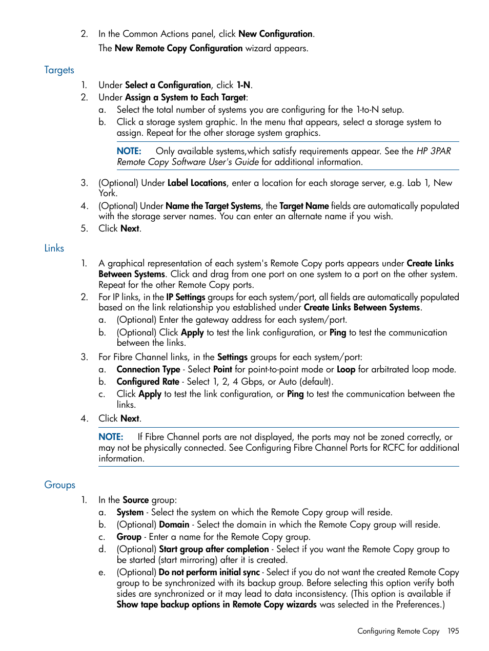 Targets, Links, Groups | Targets links groups | HP 3PAR Operating System Software User Manual | Page 195 / 426