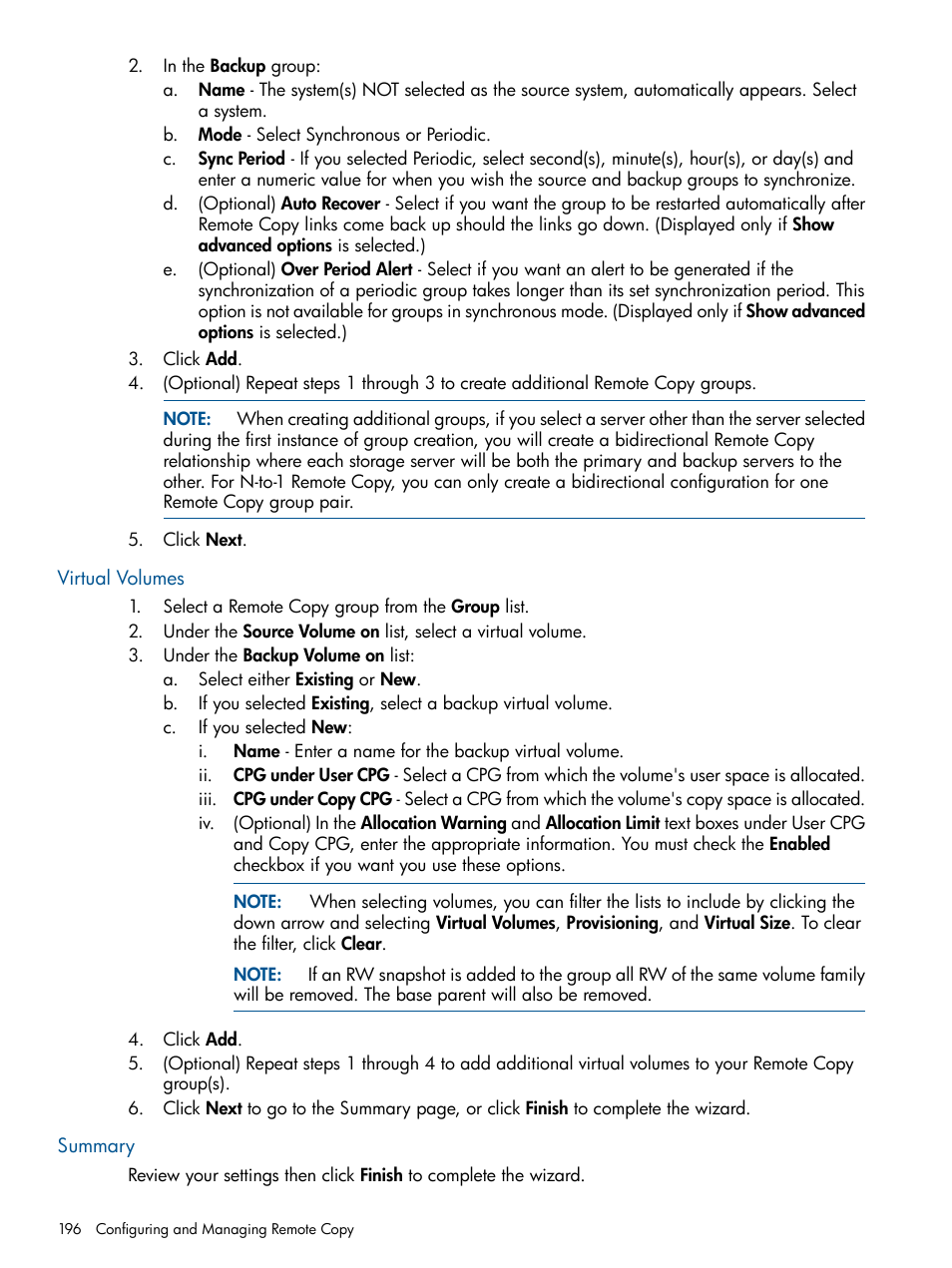Virtual volumes, Summary, Virtual volumes summary | HP 3PAR Operating System Software User Manual | Page 196 / 426