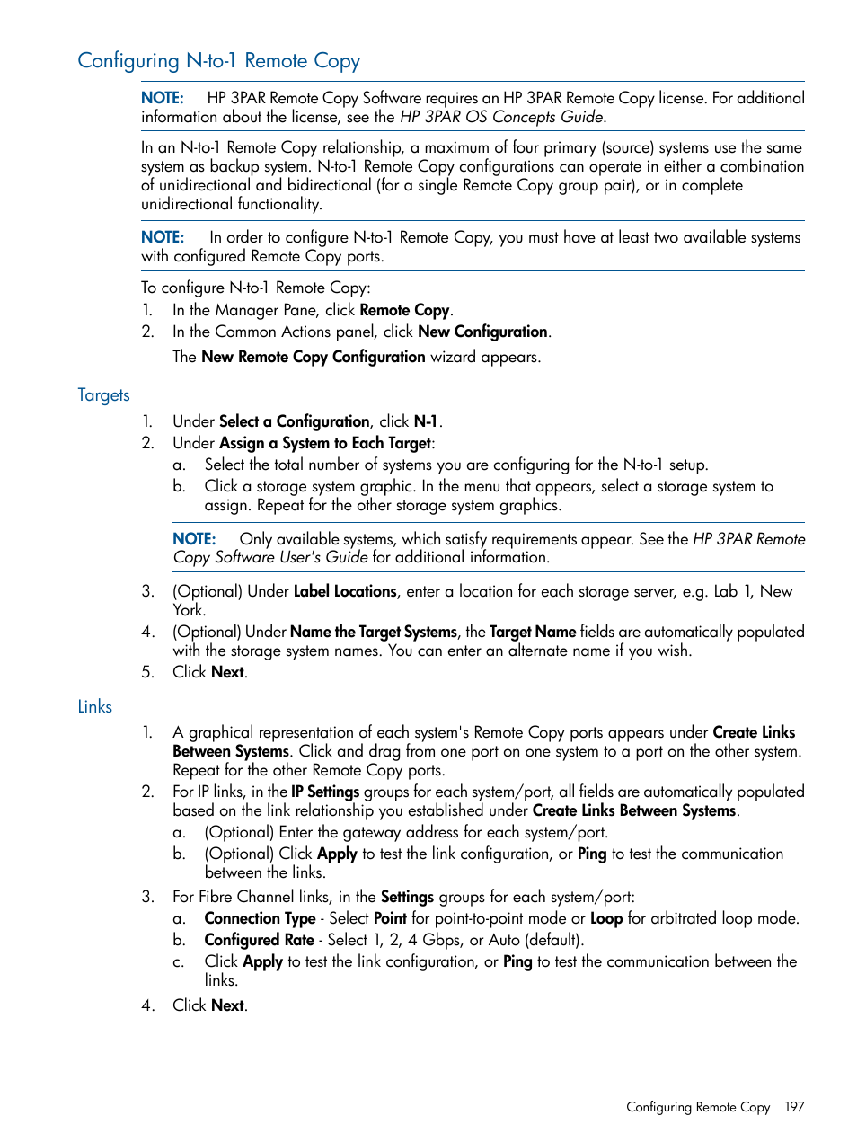 Configuring n-to-1 remote copy, Targets, Links | Targets links | HP 3PAR Operating System Software User Manual | Page 197 / 426