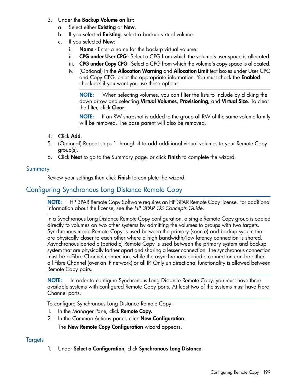 Summary, Configuring synchronous long distance remote copy, Targets | HP 3PAR Operating System Software User Manual | Page 199 / 426