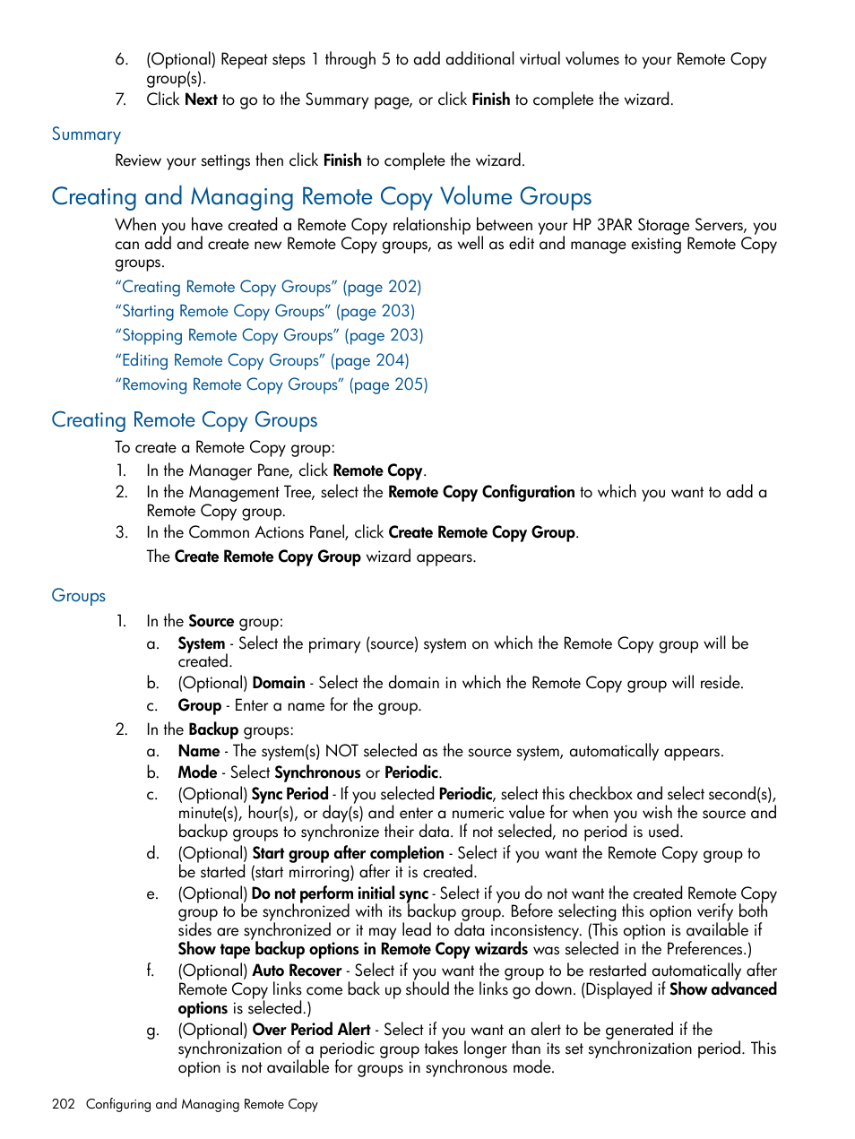 Summary, Creating and managing remote copy volume groups, Creating remote copy groups | Groups | HP 3PAR Operating System Software User Manual | Page 202 / 426