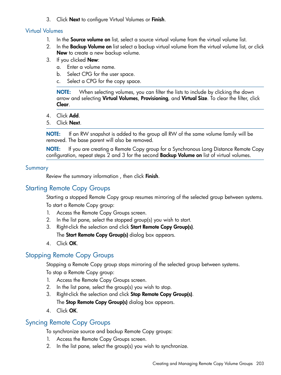 Virtual volumes, Summary, Starting remote copy groups | Stopping remote copy groups, Syncing remote copy groups, Virtual volumes summary | HP 3PAR Operating System Software User Manual | Page 203 / 426