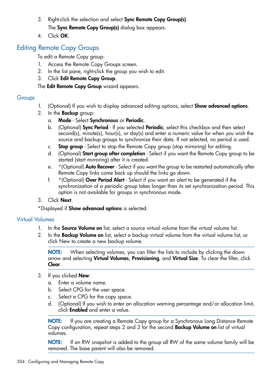 Editing remote copy groups, Groups, Virtual volumes | Groups virtual volumes | HP 3PAR Operating System Software User Manual | Page 204 / 426