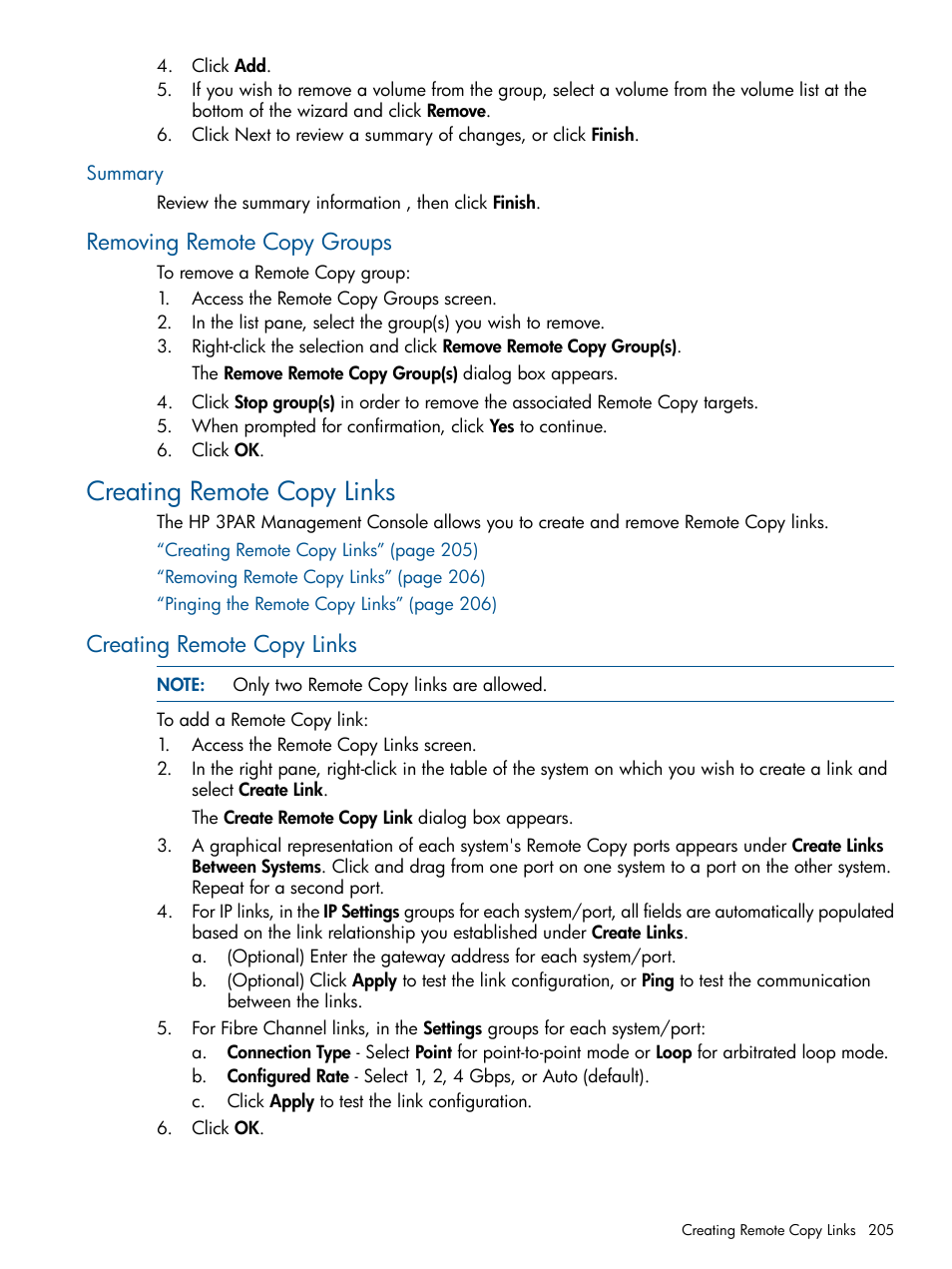 Summary, Removing remote copy groups, Creating remote copy links | HP 3PAR Operating System Software User Manual | Page 205 / 426