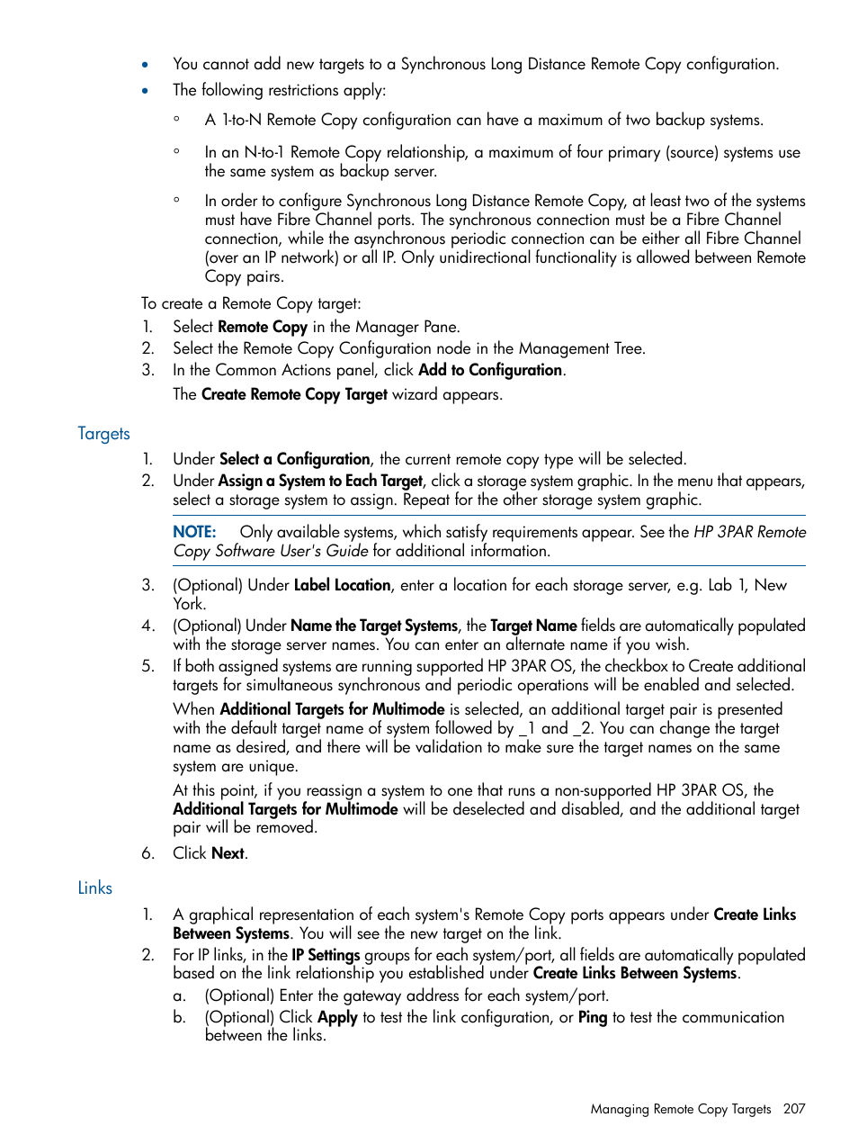 Targets, Links, Targets links | HP 3PAR Operating System Software User Manual | Page 207 / 426