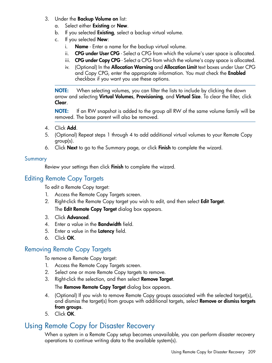 Summary, Editing remote copy targets, Removing remote copy targets | Using remote copy for disaster recovery | HP 3PAR Operating System Software User Manual | Page 209 / 426