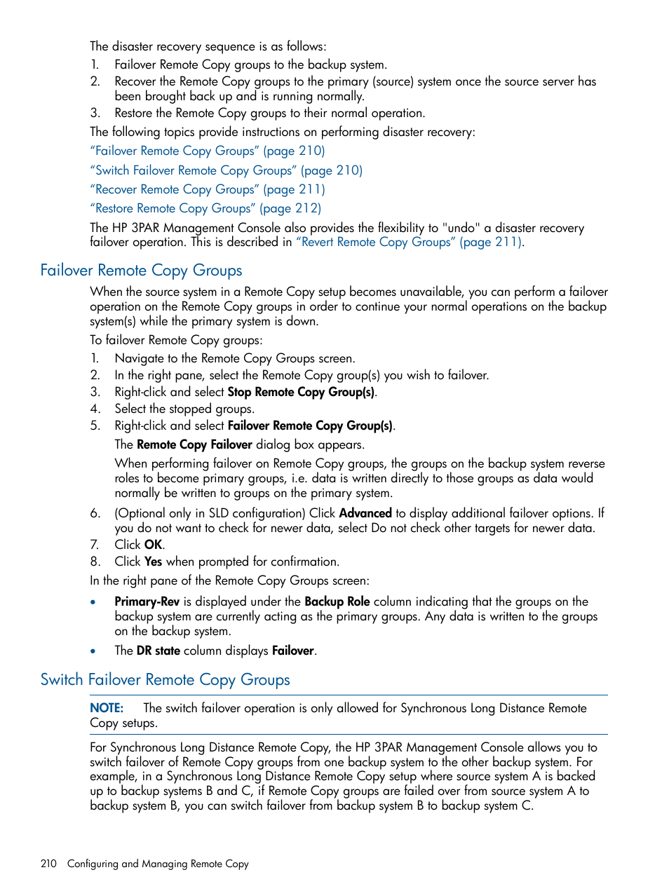 Failover remote copy groups, Switch failover remote copy groups | HP 3PAR Operating System Software User Manual | Page 210 / 426