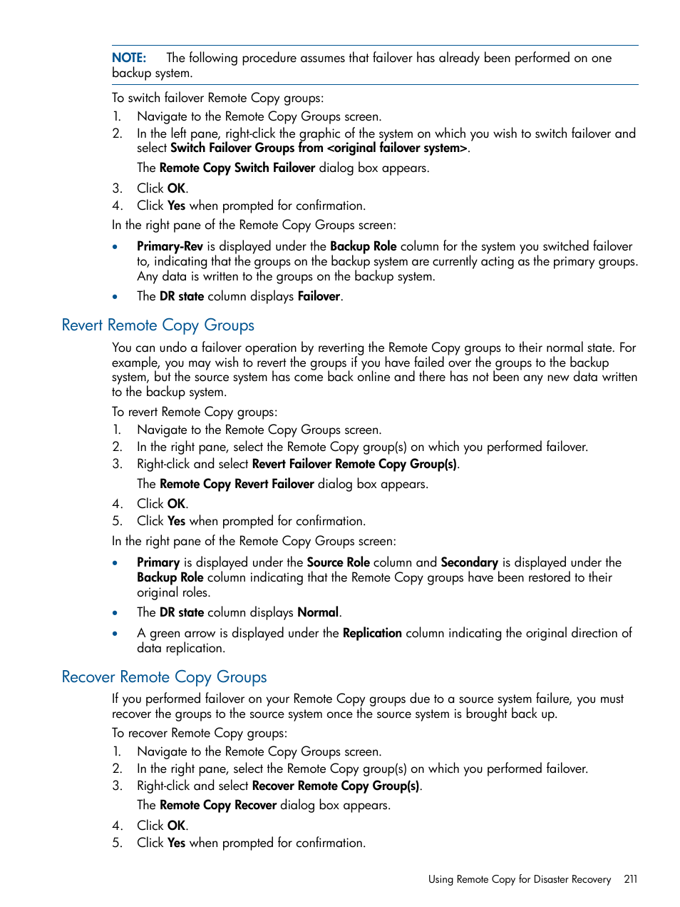 Revert remote copy groups, Recover remote copy groups | HP 3PAR Operating System Software User Manual | Page 211 / 426