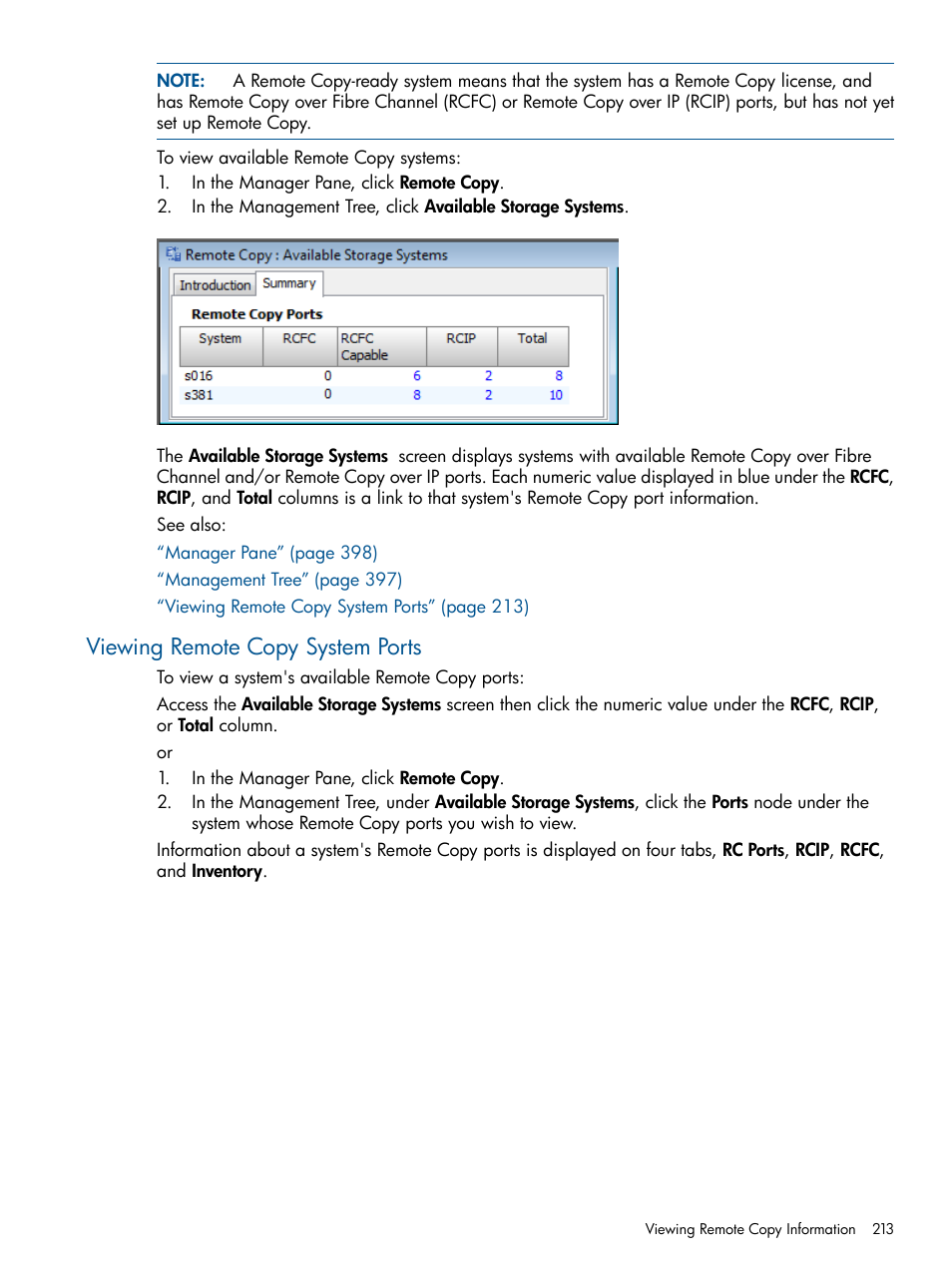 Viewing remote copy system ports | HP 3PAR Operating System Software User Manual | Page 213 / 426