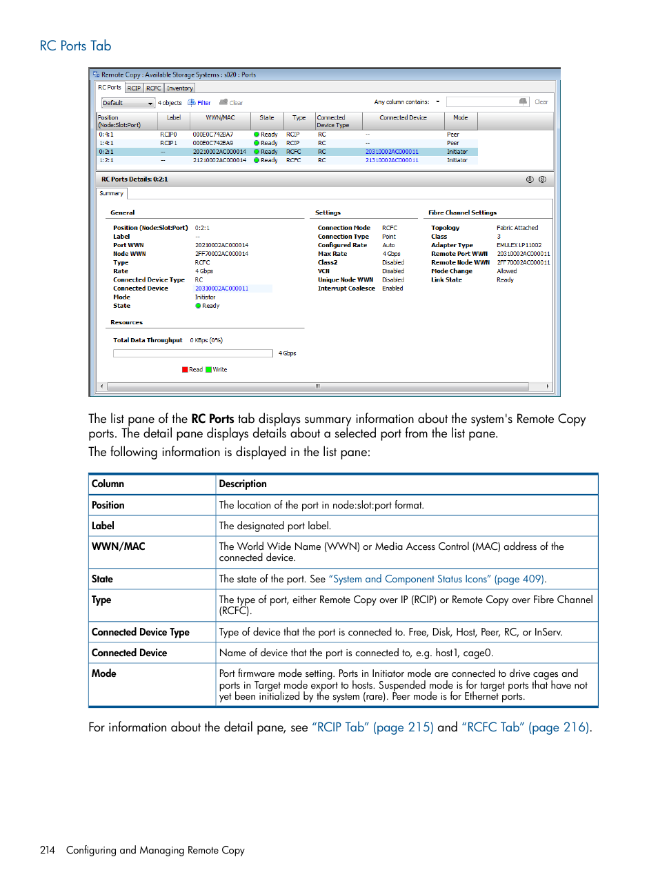 Rc ports tab | HP 3PAR Operating System Software User Manual | Page 214 / 426