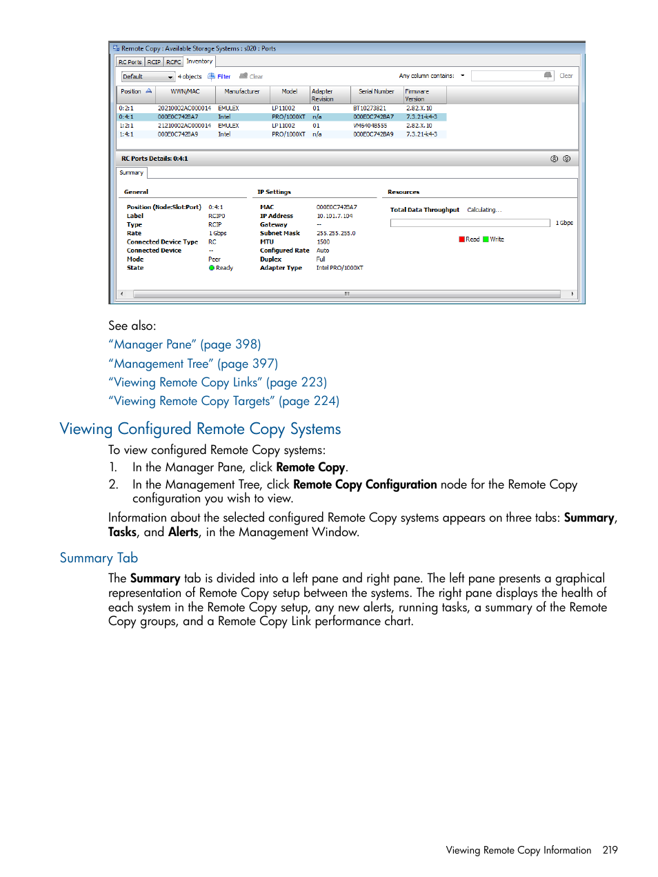 Viewing configured remote copy systems, Summary tab | HP 3PAR Operating System Software User Manual | Page 219 / 426