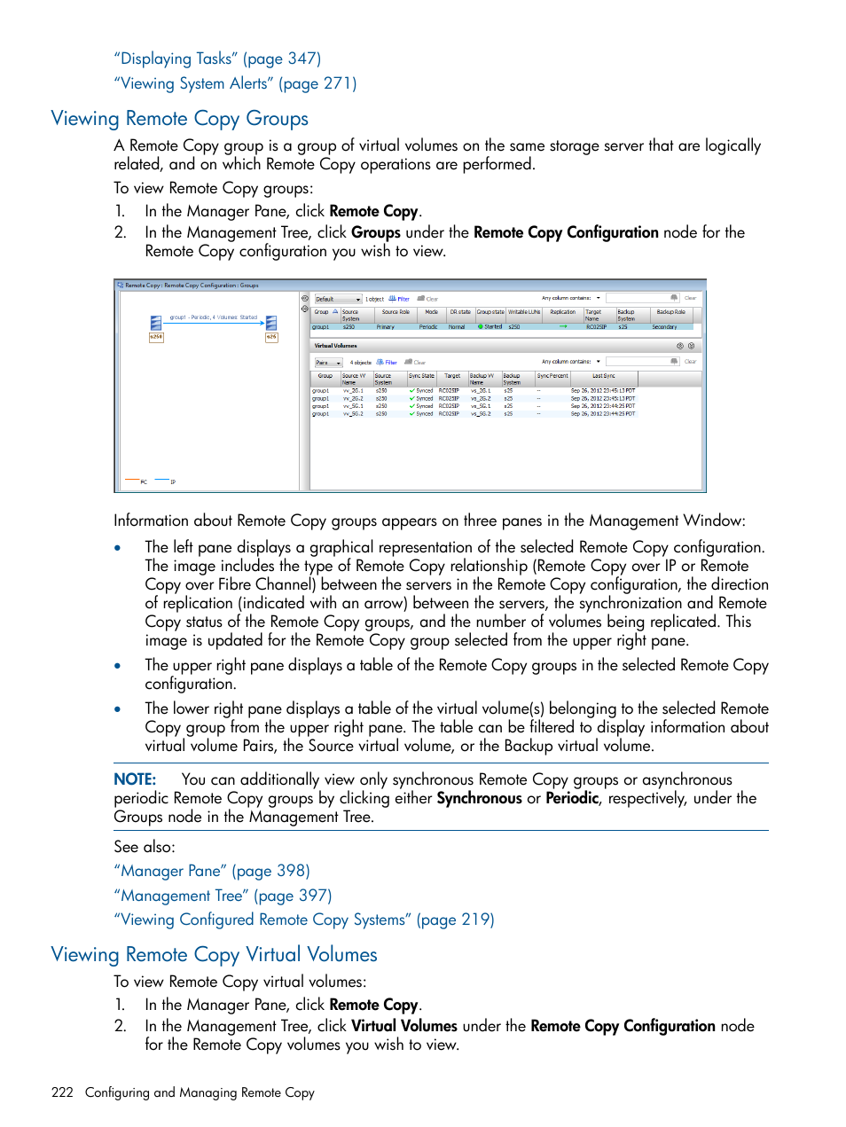 Viewing remote copy groups, Viewing remote copy virtual volumes | HP 3PAR Operating System Software User Manual | Page 222 / 426