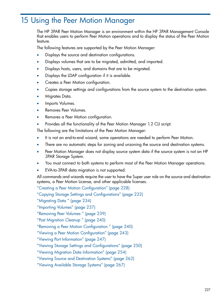 15 using the peer motion manager | HP 3PAR Operating System Software User Manual | Page 227 / 426