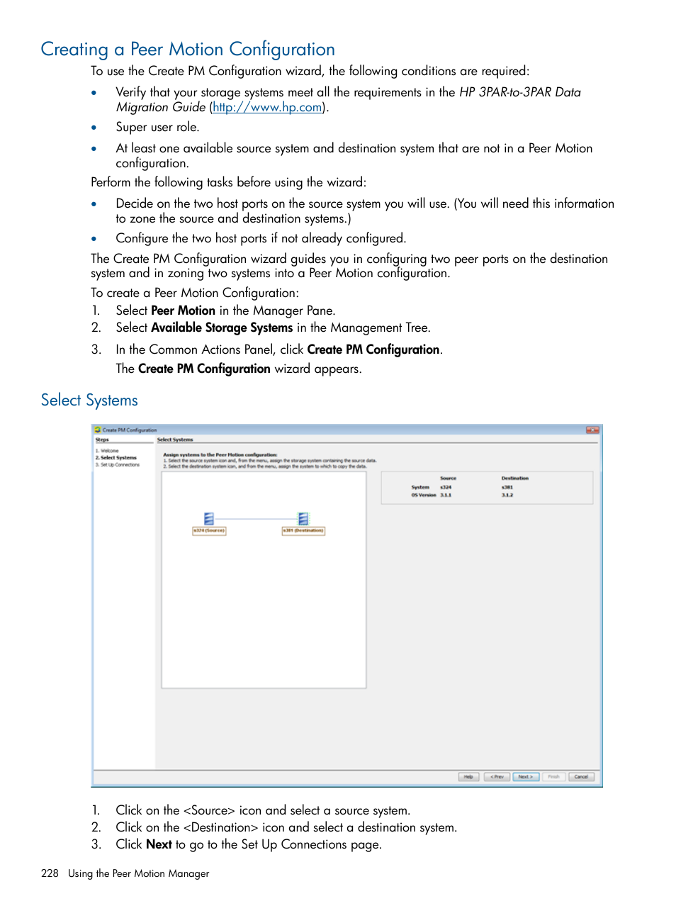 Creating a peer motion configuration, Select systems | HP 3PAR Operating System Software User Manual | Page 228 / 426