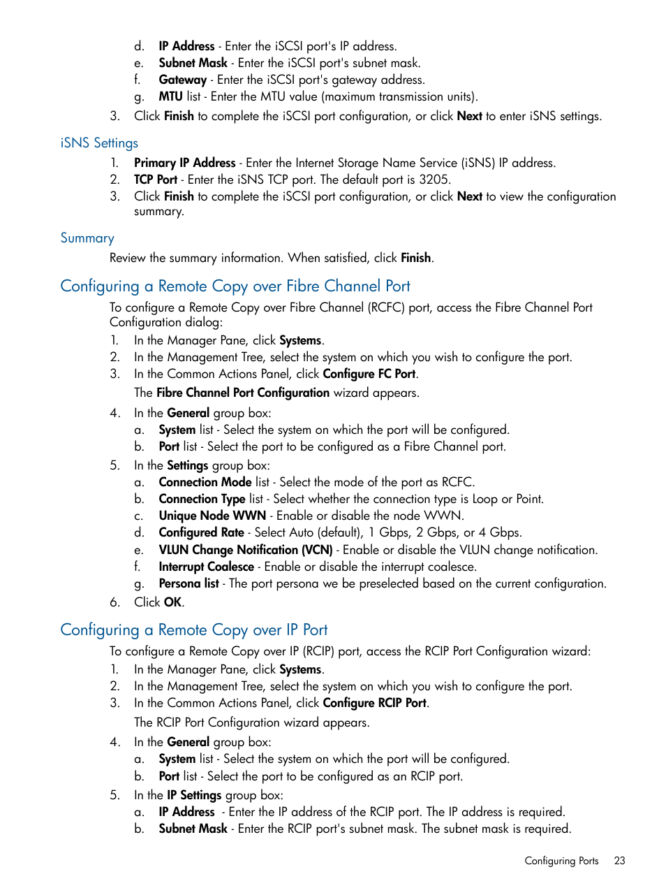 Isns settings, Summary, Configuring a remote copy over fibre channel port | Configuring a remote copy over ip port, Isns settings summary | HP 3PAR Operating System Software User Manual | Page 23 / 426