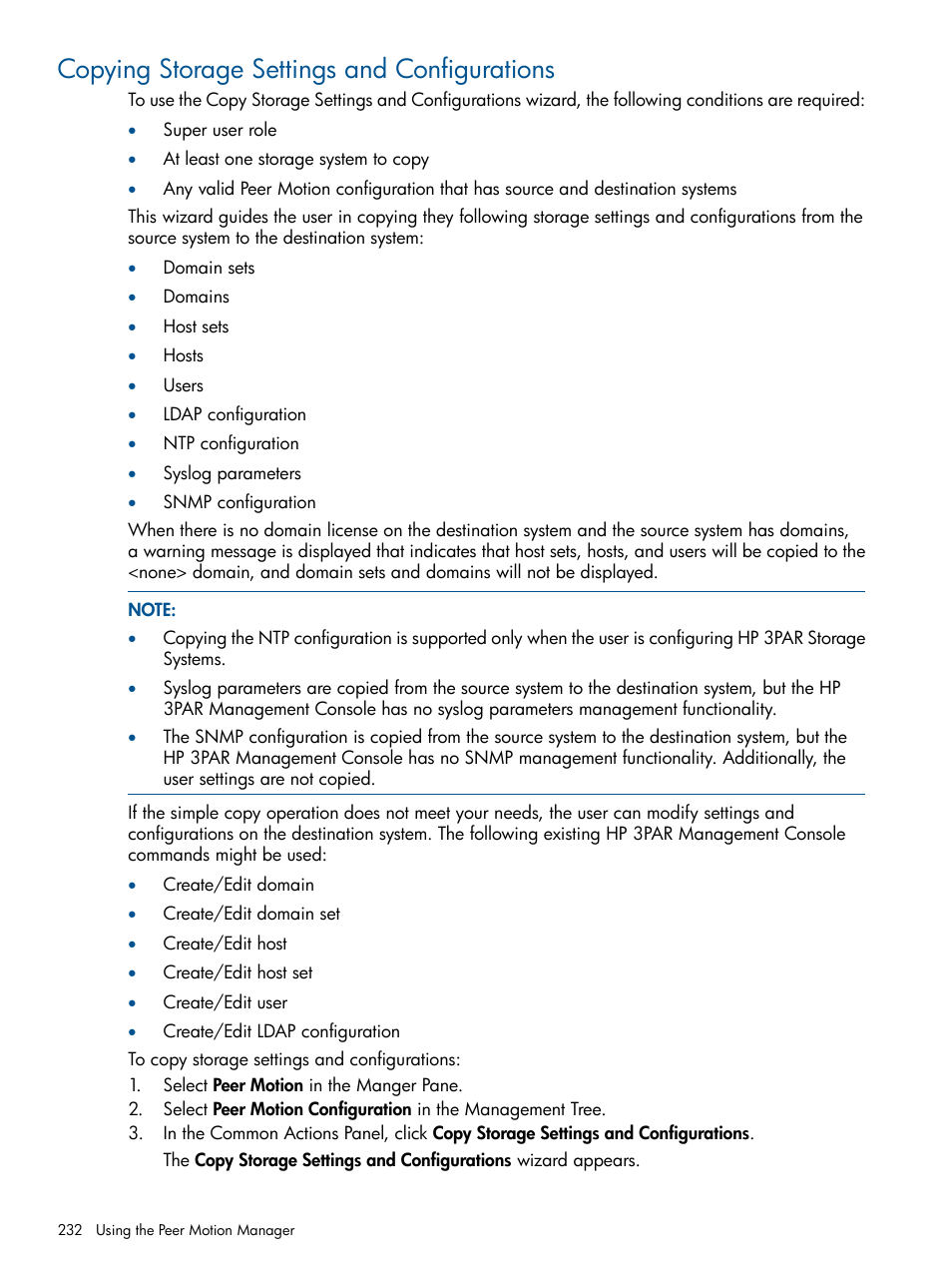 Copying storage settings and configurations | HP 3PAR Operating System Software User Manual | Page 232 / 426