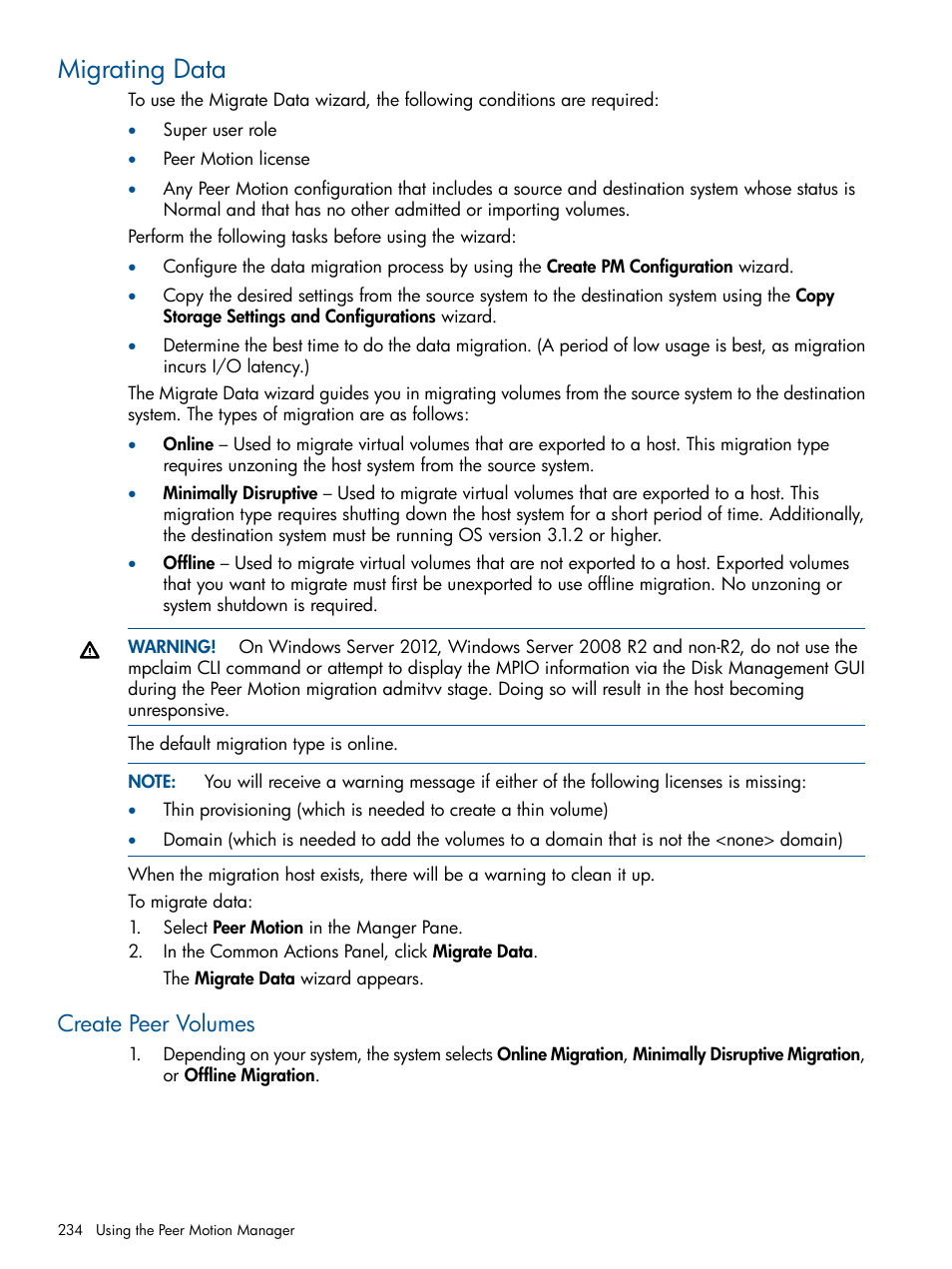 Migrating data, Create peer volumes | HP 3PAR Operating System Software User Manual | Page 234 / 426