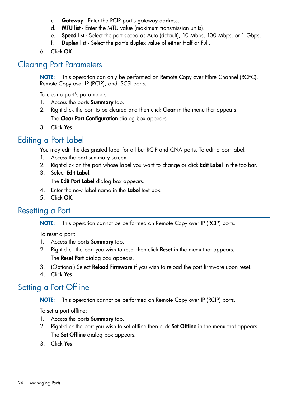 Clearing port parameters, Editing a port label, Resetting a port | Setting a port offline | HP 3PAR Operating System Software User Manual | Page 24 / 426