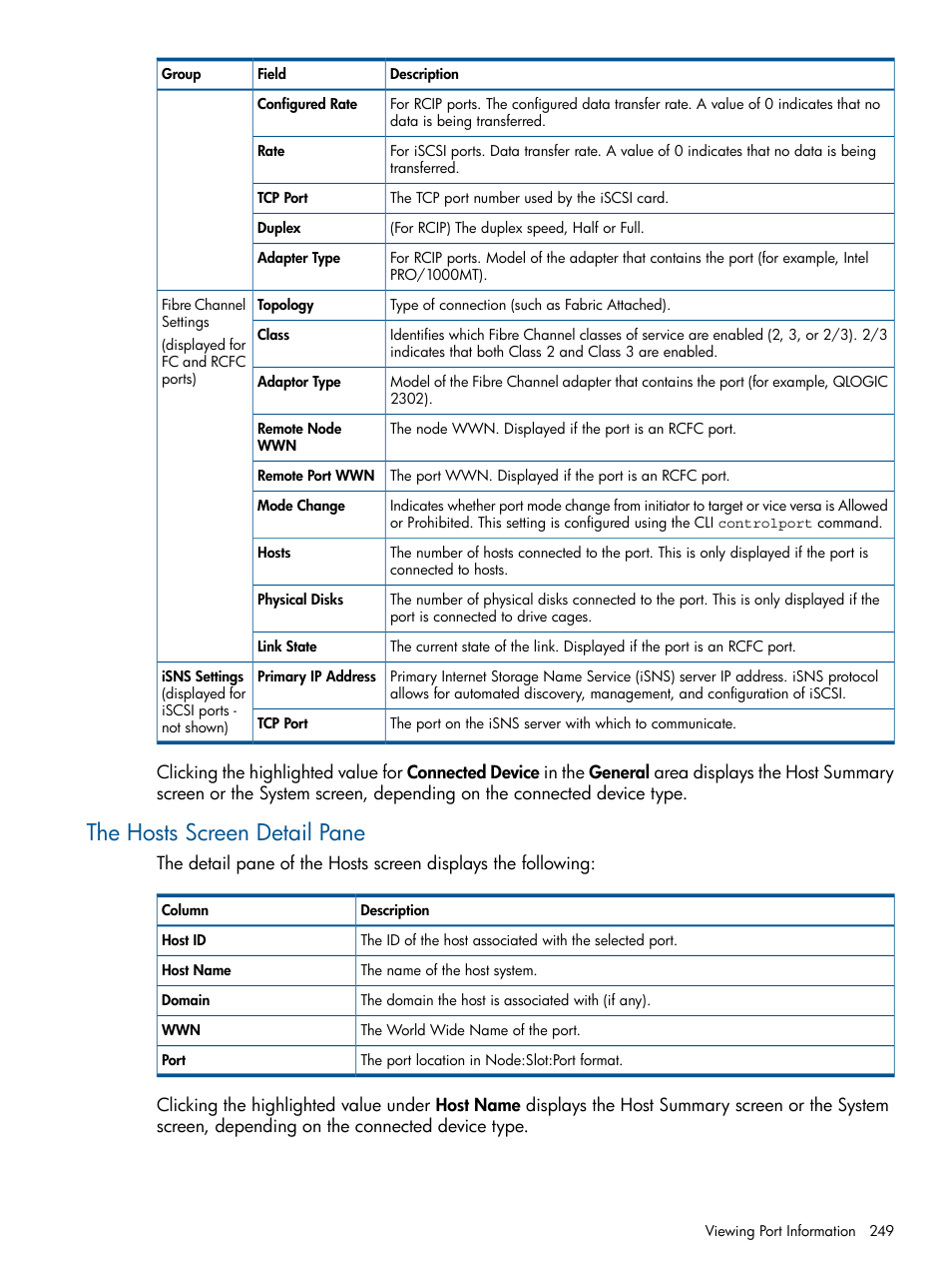 The hosts screen detail pane | HP 3PAR Operating System Software User Manual | Page 249 / 426