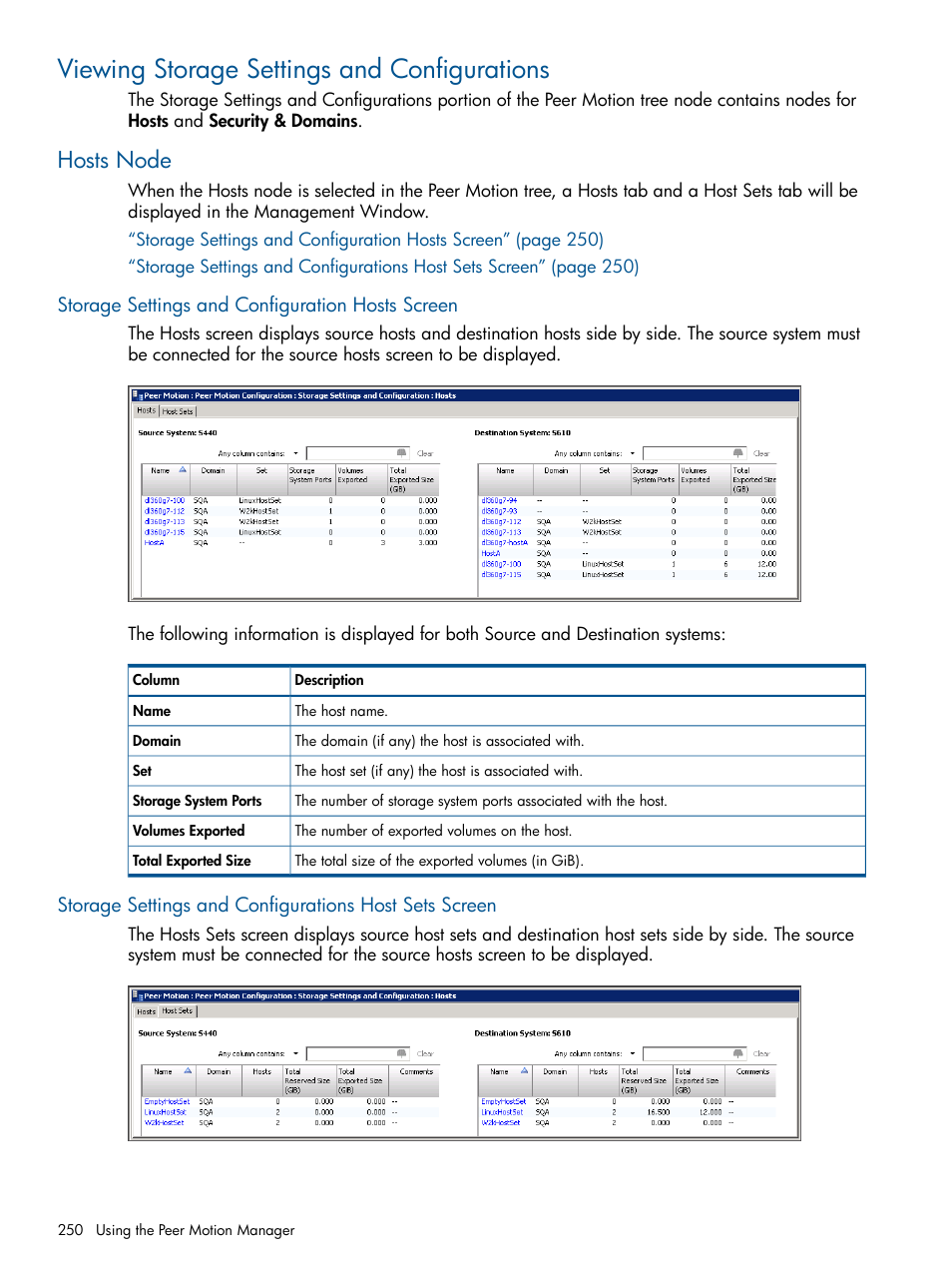 Viewing storage settings and configurations, Hosts node, Storage settings and configuration hosts screen | HP 3PAR Operating System Software User Manual | Page 250 / 426