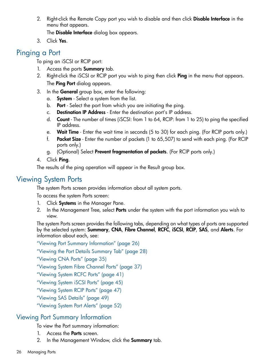 Pinging a port, Viewing system ports, Viewing port summary information | Pinging a port viewing system ports | HP 3PAR Operating System Software User Manual | Page 26 / 426