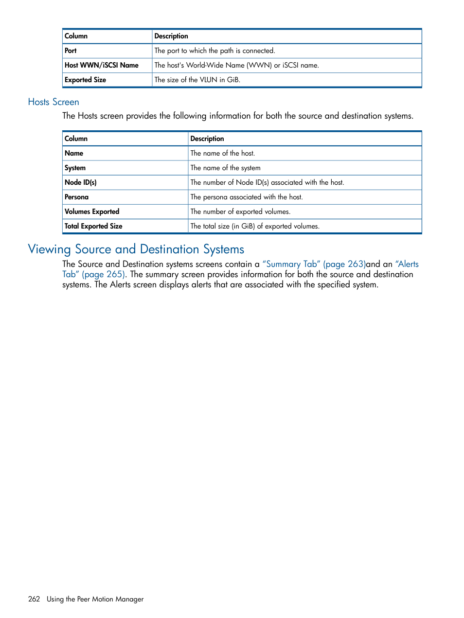 Hosts screen, Viewing source and destination systems | HP 3PAR Operating System Software User Manual | Page 262 / 426