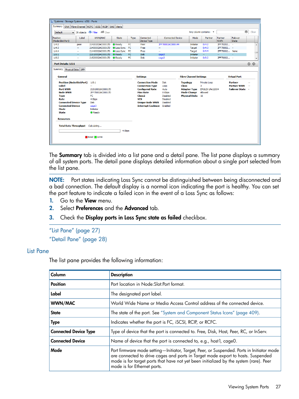 List pane | HP 3PAR Operating System Software User Manual | Page 27 / 426