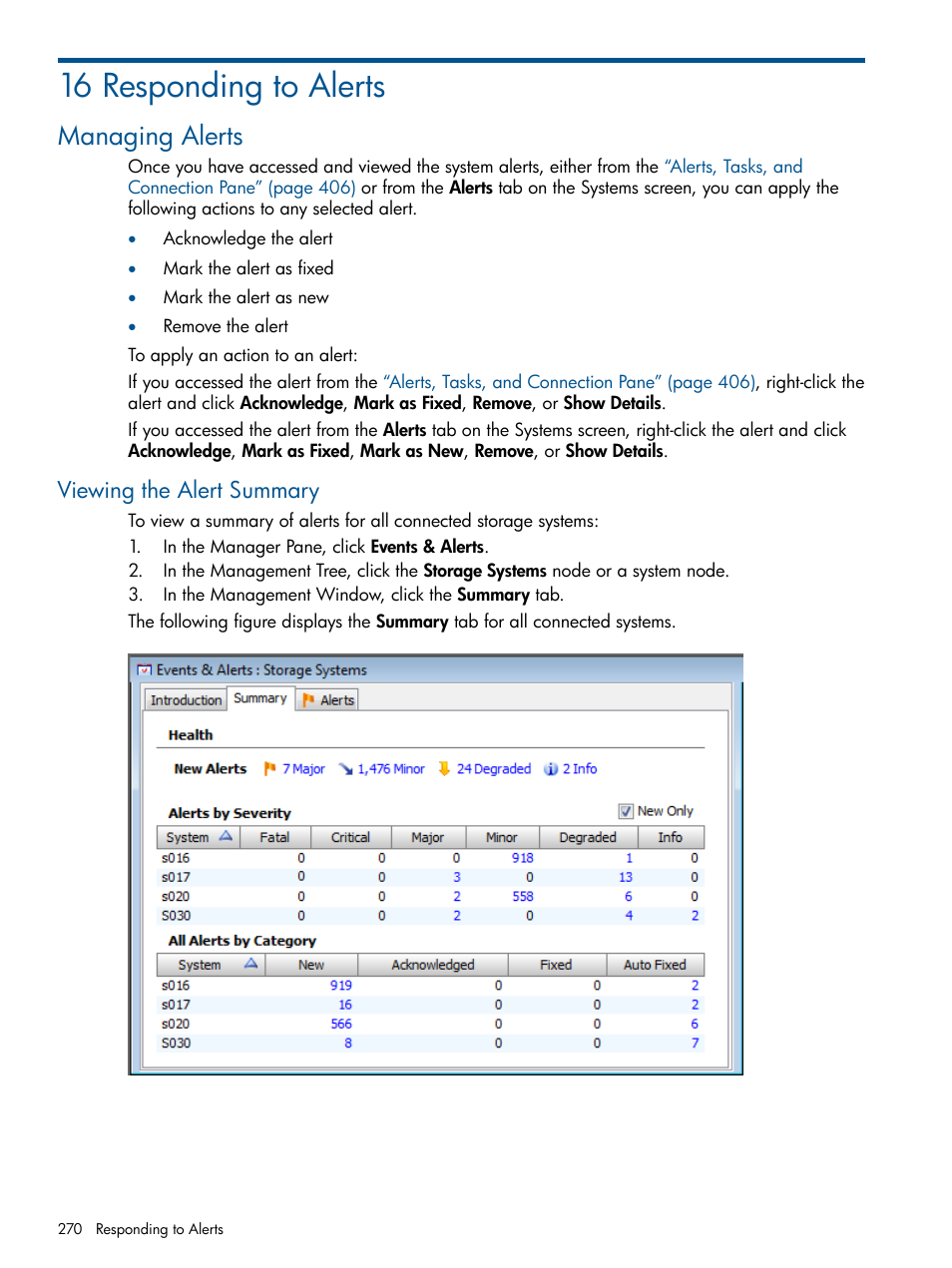 16 responding to alerts, Managing alerts, Viewing the alert summary | HP 3PAR Operating System Software User Manual | Page 270 / 426