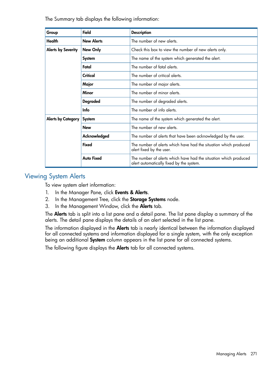 Viewing system alerts | HP 3PAR Operating System Software User Manual | Page 271 / 426