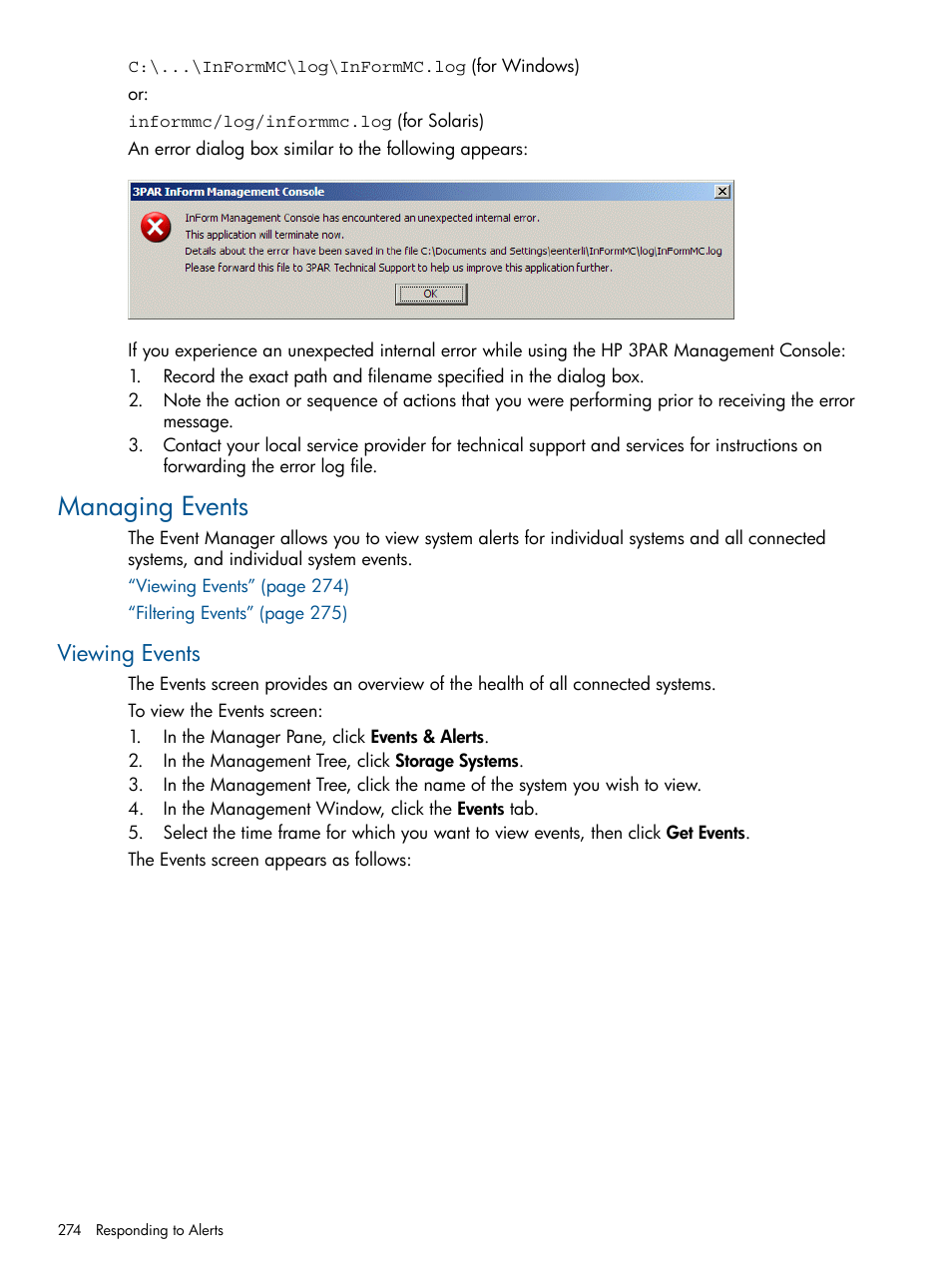 Managing events, Viewing events | HP 3PAR Operating System Software User Manual | Page 274 / 426