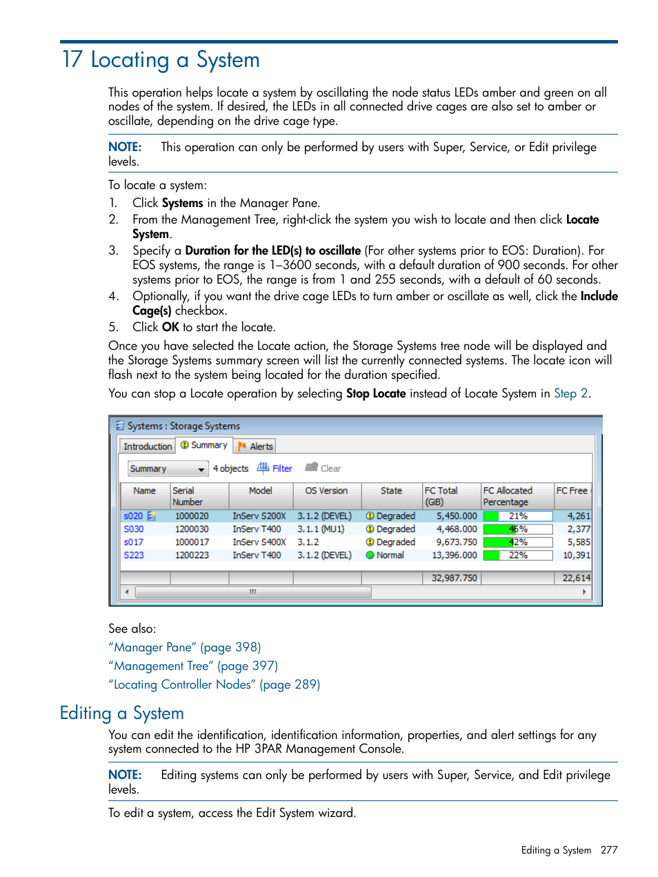 17 locating a system, Editing a system | HP 3PAR Operating System Software User Manual | Page 277 / 426