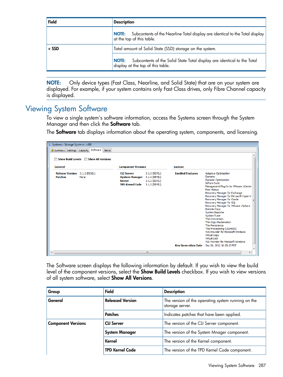 Viewing system software | HP 3PAR Operating System Software User Manual | Page 287 / 426