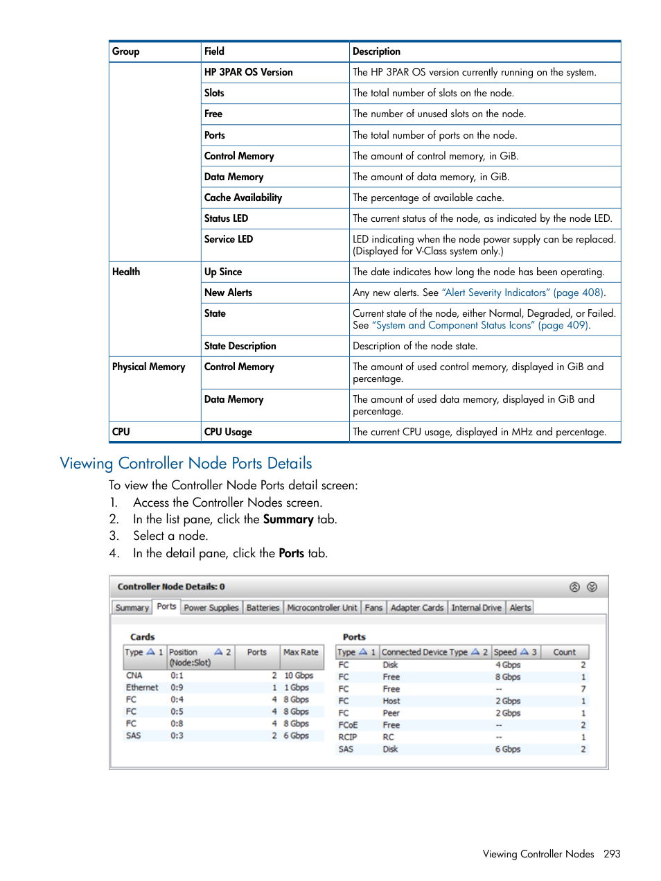 Viewing controller node ports details | HP 3PAR Operating System Software User Manual | Page 293 / 426