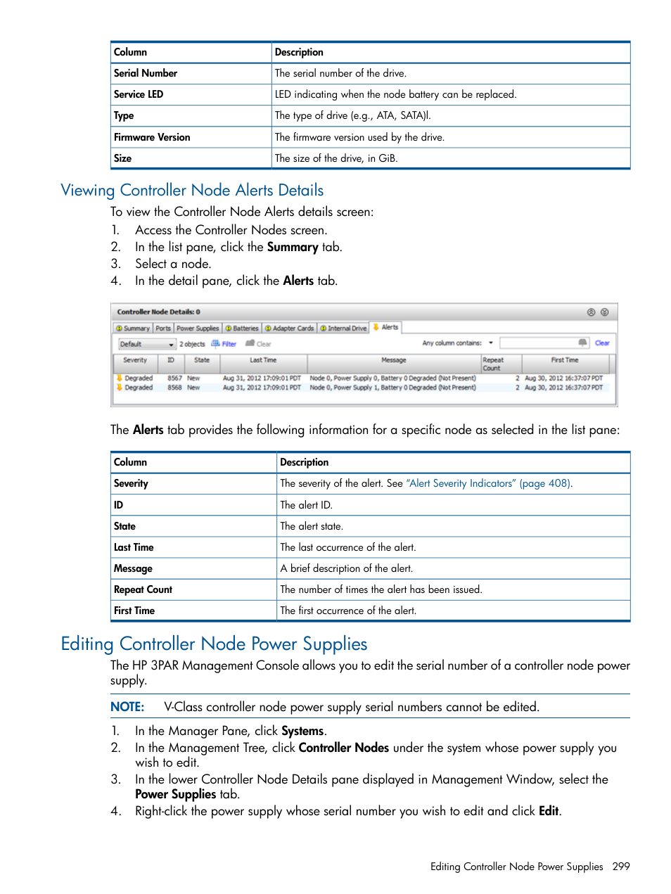 Viewing controller node alerts details, Editing controller node power supplies | HP 3PAR Operating System Software User Manual | Page 299 / 426