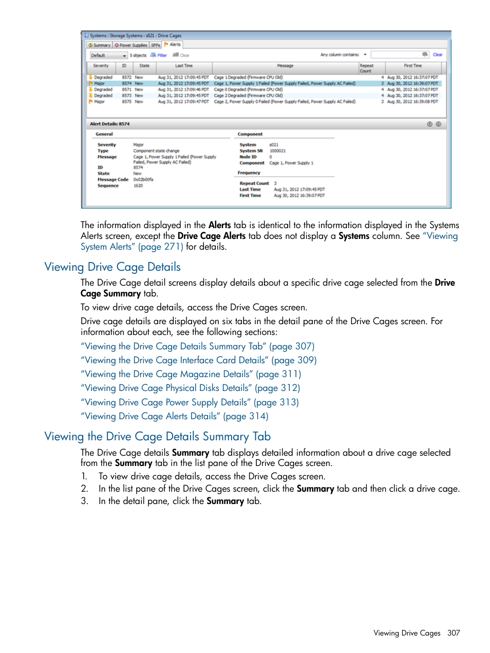 Viewing drive cage details, Viewing the drive cage details summary tab | HP 3PAR Operating System Software User Manual | Page 307 / 426