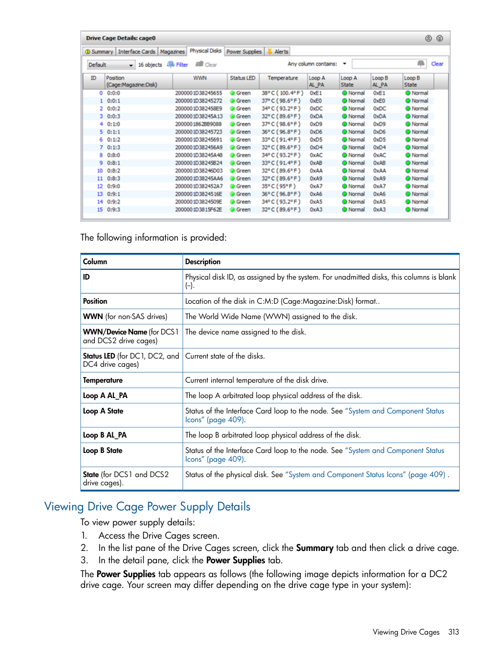 Viewing drive cage power supply details | HP 3PAR Operating System Software User Manual | Page 313 / 426