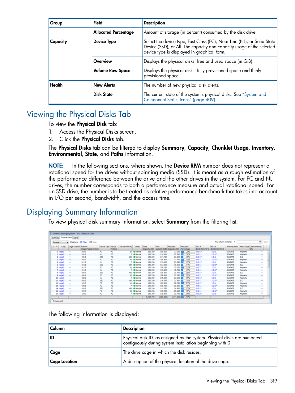 Viewing the physical disks tab, Displaying summary information | HP 3PAR Operating System Software User Manual | Page 319 / 426