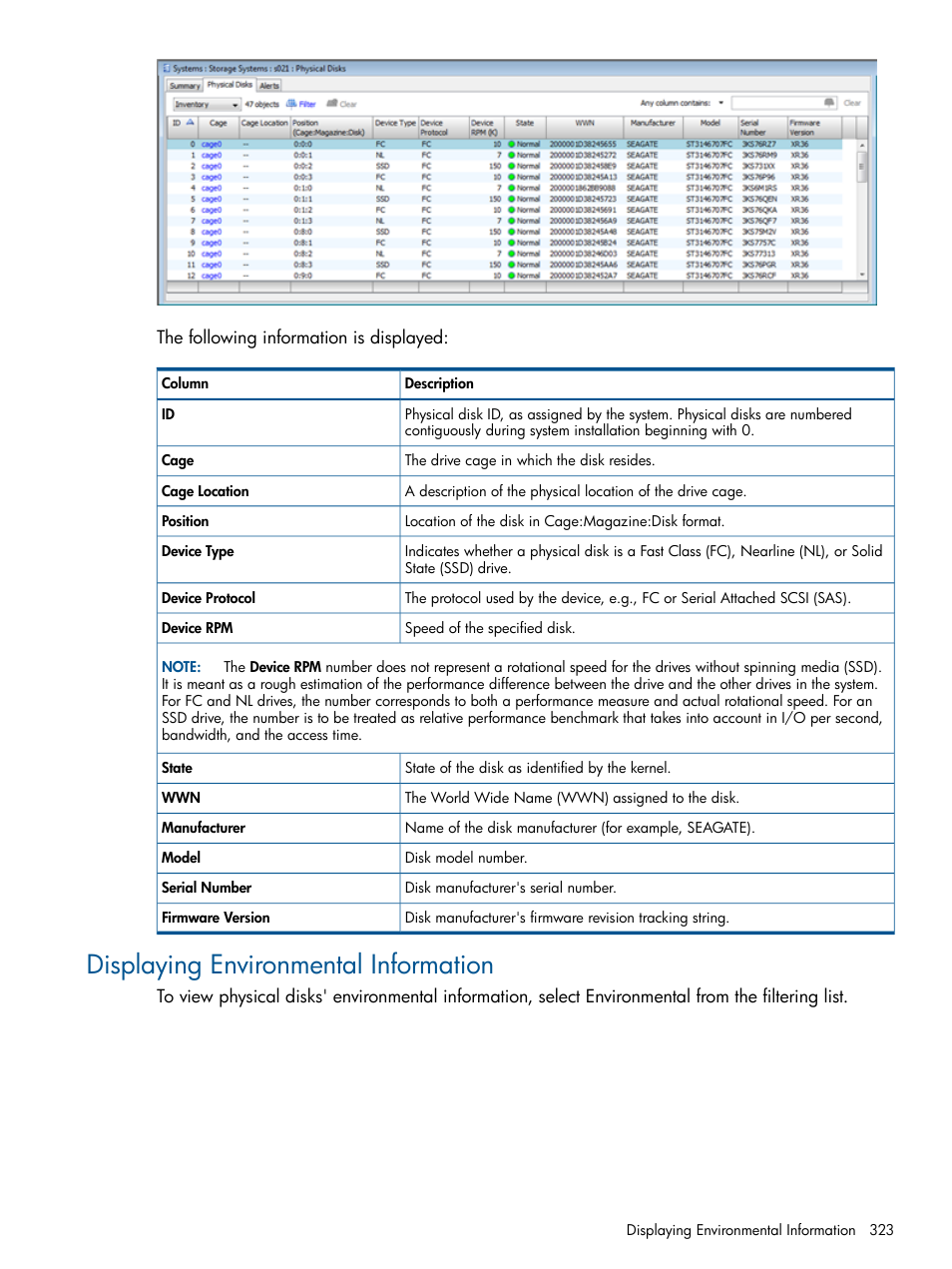 Displaying environmental information | HP 3PAR Operating System Software User Manual | Page 323 / 426