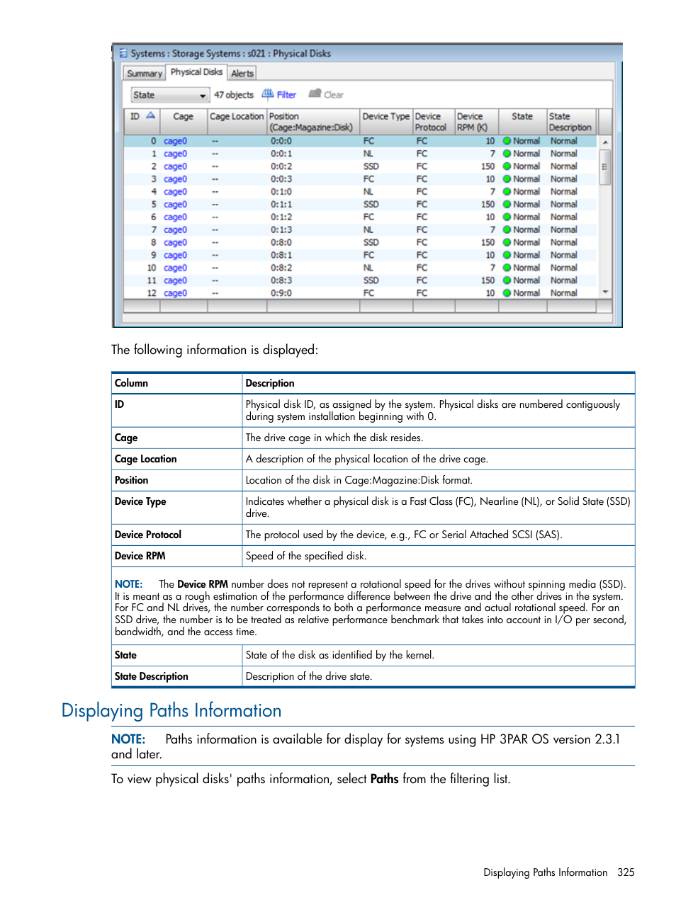 Displaying paths information | HP 3PAR Operating System Software User Manual | Page 325 / 426