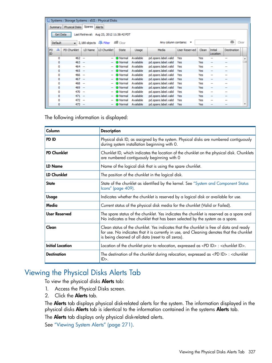 Viewing the physical disks alerts tab | HP 3PAR Operating System Software User Manual | Page 327 / 426