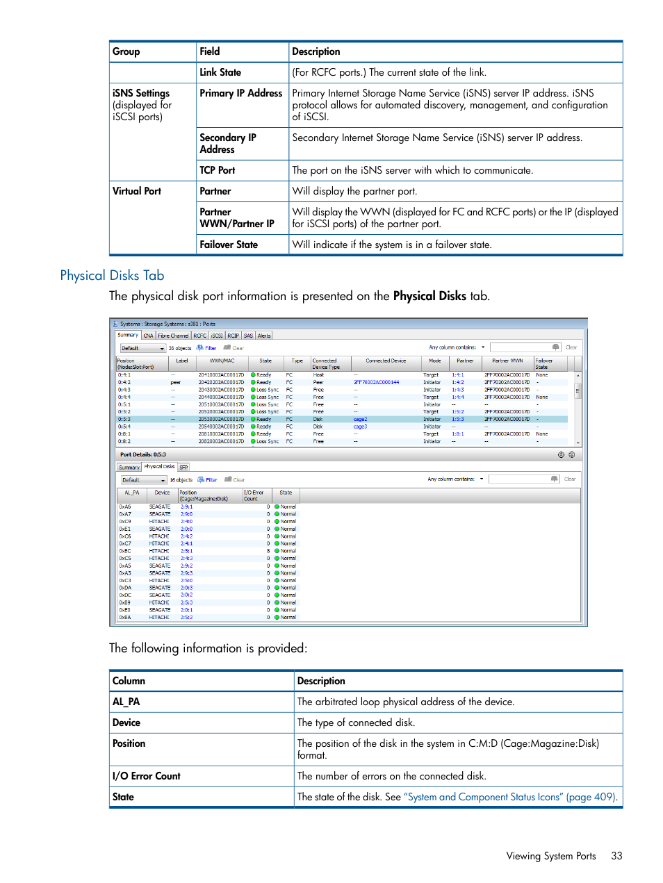 Physical disks tab | HP 3PAR Operating System Software User Manual | Page 33 / 426