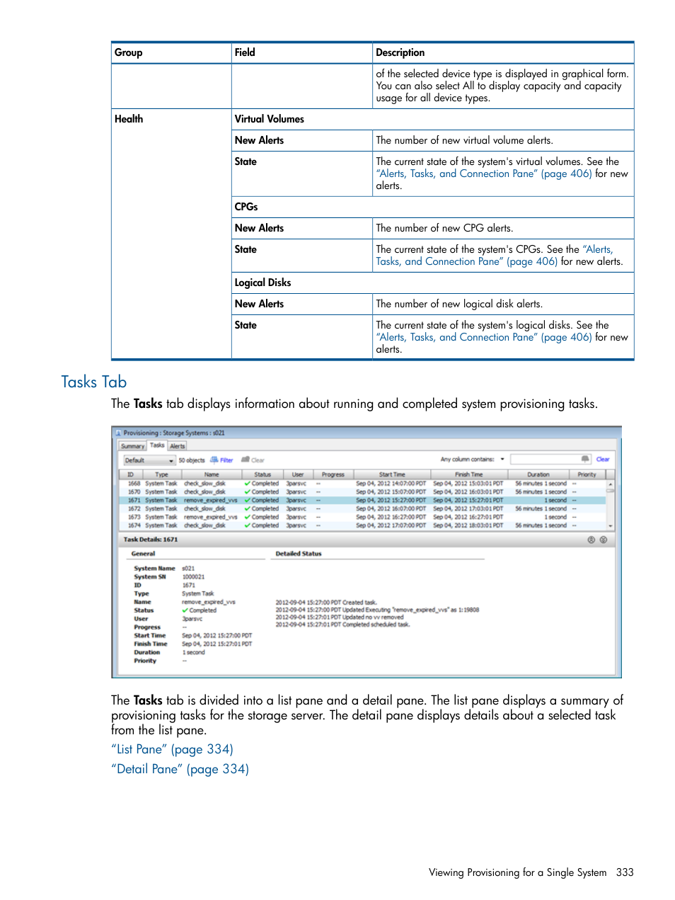 Tasks tab | HP 3PAR Operating System Software User Manual | Page 333 / 426