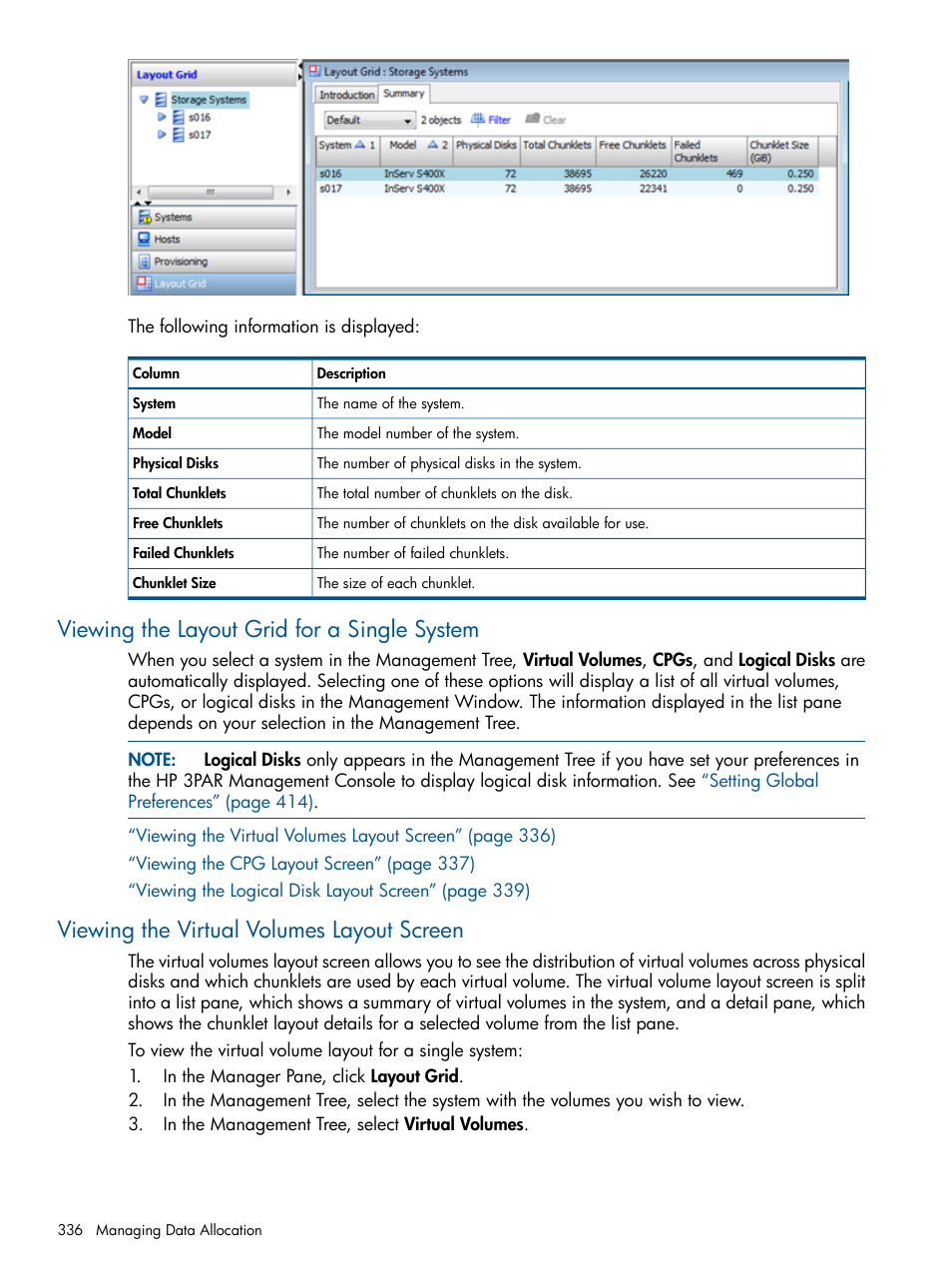 Viewing the layout grid for a single system, Viewing the virtual volumes layout screen | HP 3PAR Operating System Software User Manual | Page 336 / 426