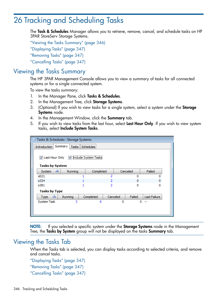 26 tracking and scheduling tasks, Viewing the tasks summary, Viewing the tasks tab | Viewing the tasks summary viewing the tasks tab | HP 3PAR Operating System Software User Manual | Page 346 / 426