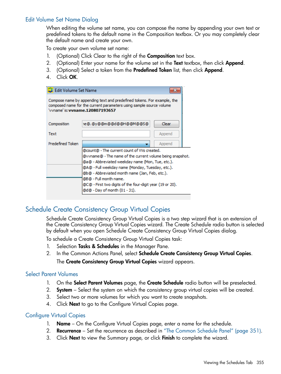 Edit volume set name dialog, Schedule create consistency group virtual copies, Select parent volumes | Configure virtual copies, Select parent volumes configure virtual copies, Schedule create consistency group | HP 3PAR Operating System Software User Manual | Page 355 / 426