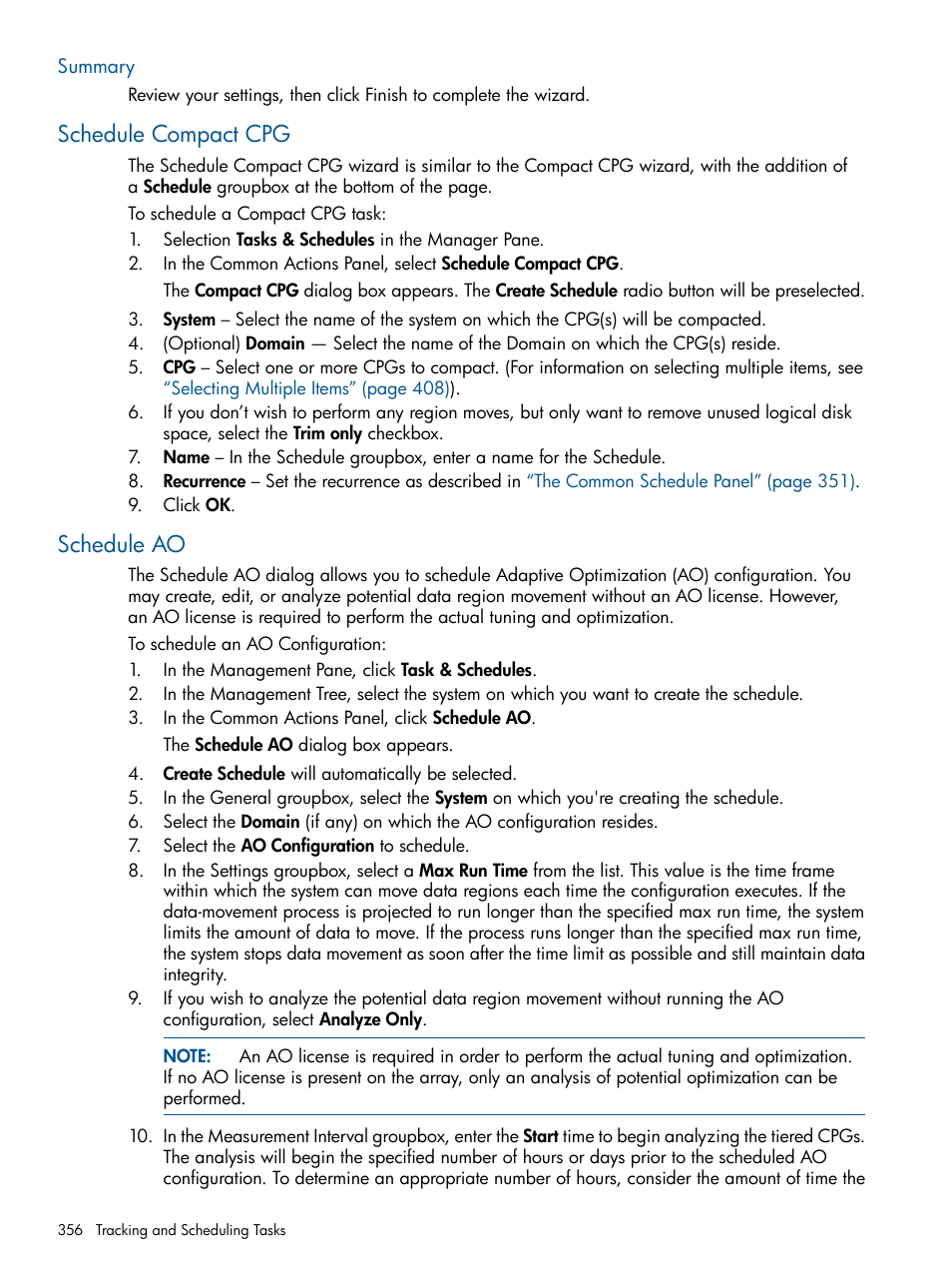 Summary, Schedule compact cpg, Schedule ao | Schedule compact cpg schedule ao | HP 3PAR Operating System Software User Manual | Page 356 / 426