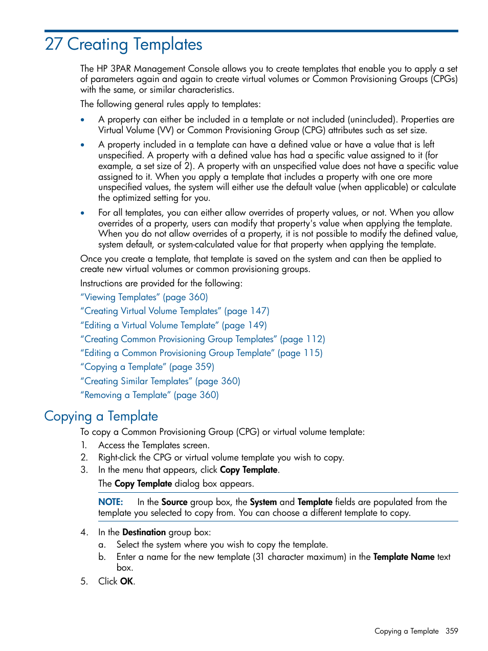 27 creating templates, Copying a template | HP 3PAR Operating System Software User Manual | Page 359 / 426