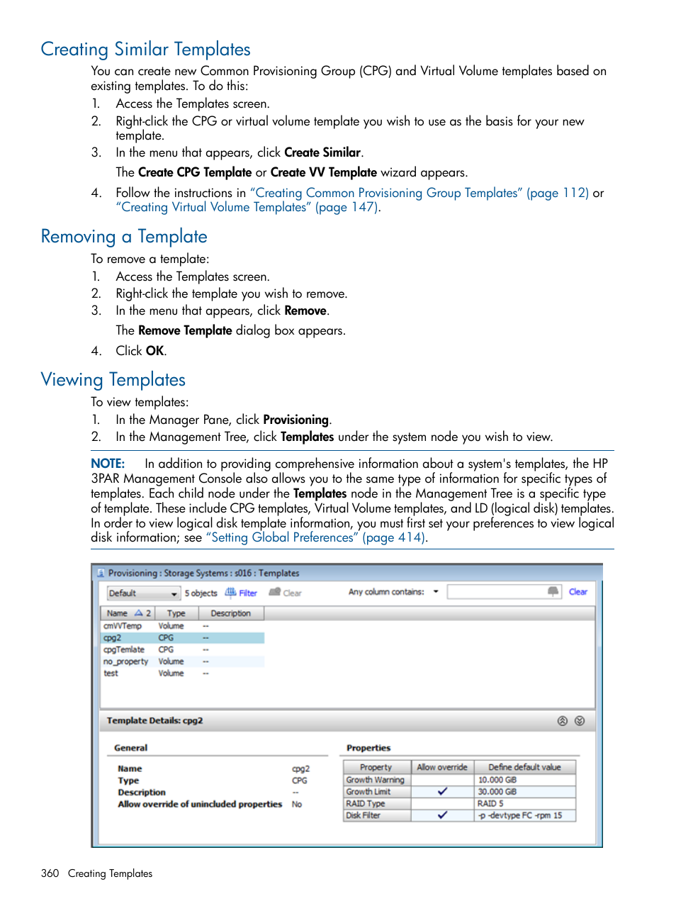 Creating similar templates, Removing a template, Viewing templates | HP 3PAR Operating System Software User Manual | Page 360 / 426